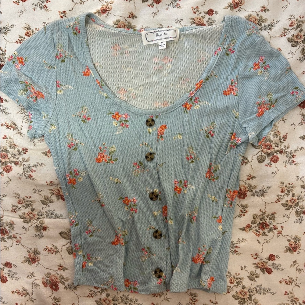 Blue Floral Button-Up Top
